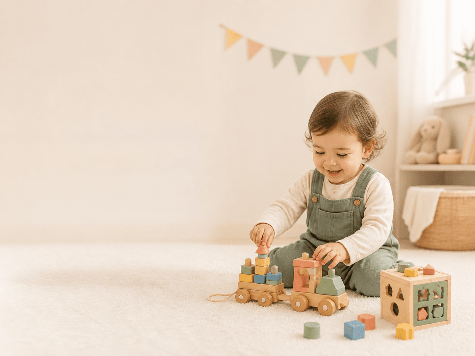 Child playing with soft wooden toys